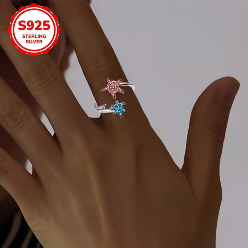 S925 Silver Turtle Star Rotating Ring Synthetic Zirconia Beach Style